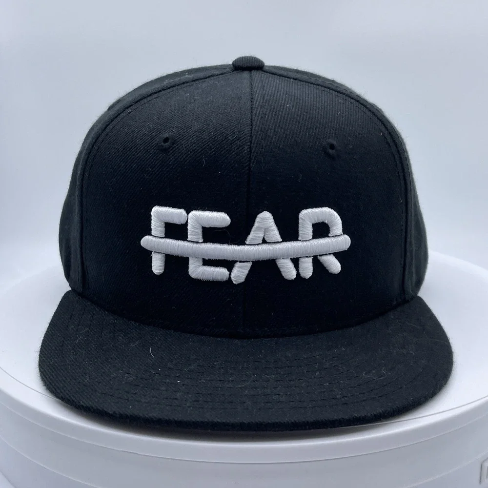 Black FEAR Embroidered Snapback Hat Flat Brim Adjustable Cap Streetwear Style
